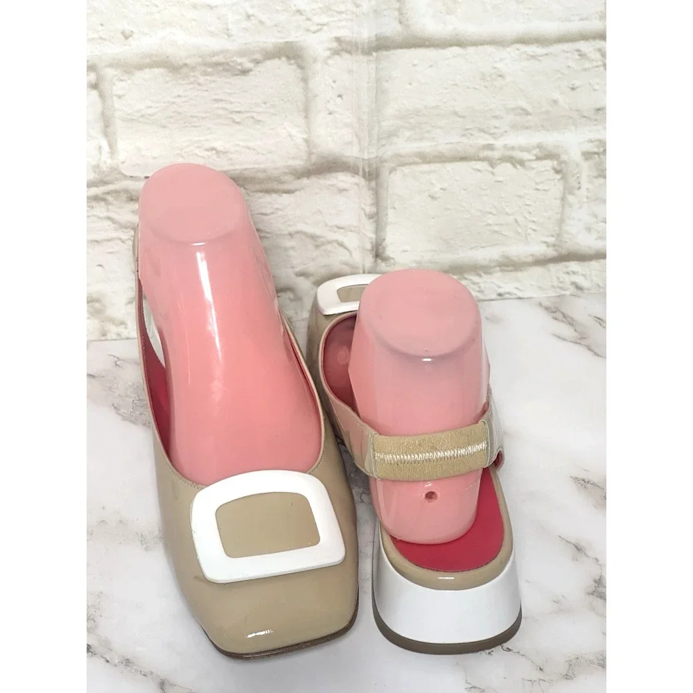 Ferca 81 Shoes Tan Beige Slingback Block Heel Tan White Size‎ (39) US 8-8.5